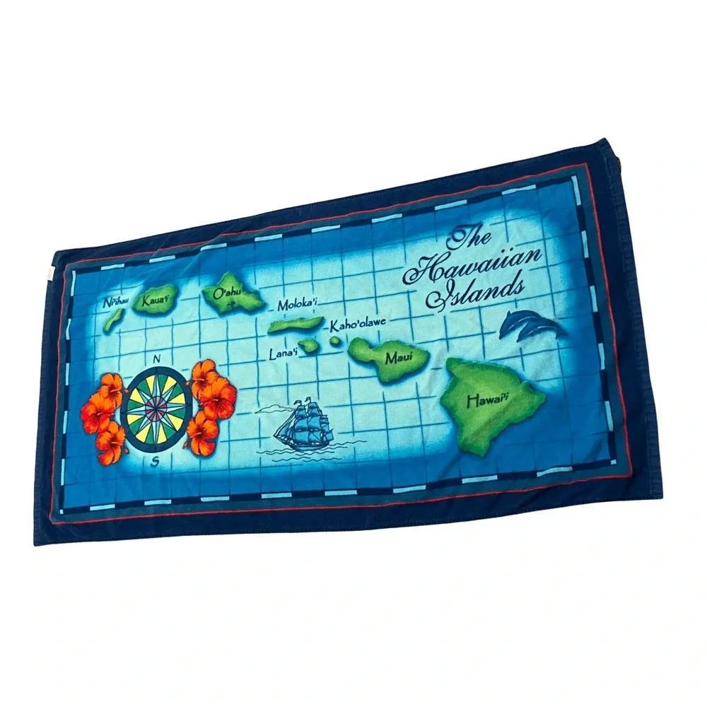Hawaiian Islands Blue Beach Towels Pair Couples Vacation Map Bath